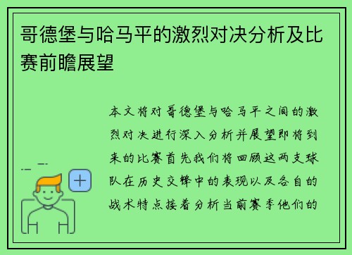 哥德堡与哈马平的激烈对决分析及比赛前瞻展望