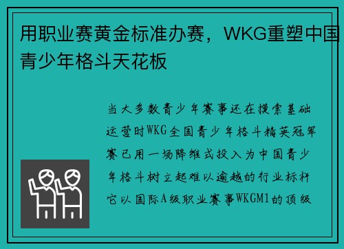 用职业赛黄金标准办赛，WKG重塑中国青少年格斗天花板